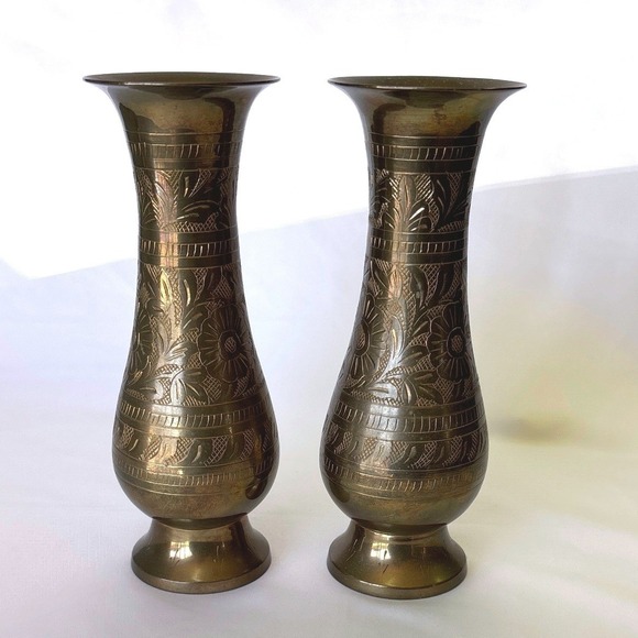 Other - Vintage Etched Brass Bud Vases Pair Hand Engraved Floral Design 8 Inch Gold Tone